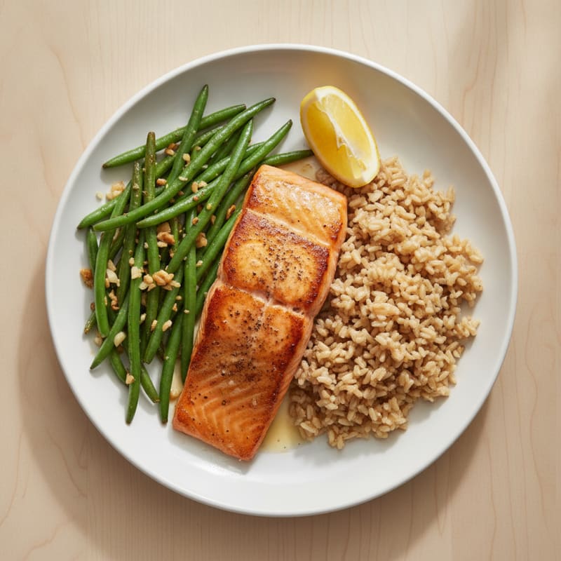 Seared Salmon with Garlic Green Beans and Brown Rice