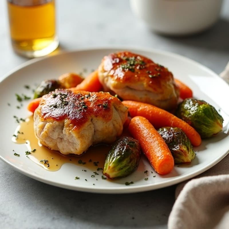 Maple Glazed Chicken Thighs with Roasted Carrots and Crispy Brussels Sprouts