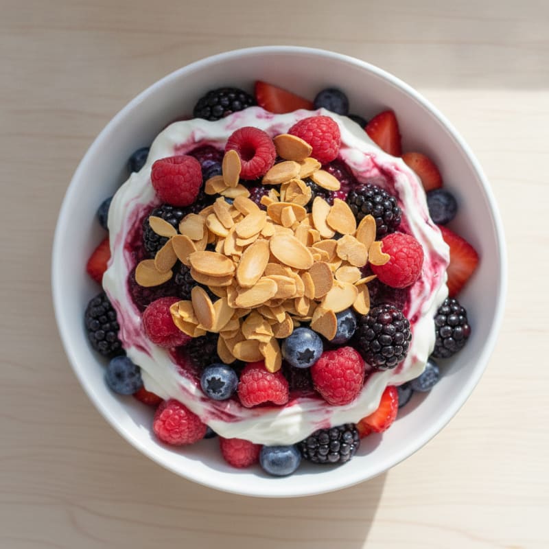Greek Yogurt Protein Parfait with Mixed Berries and Almonds