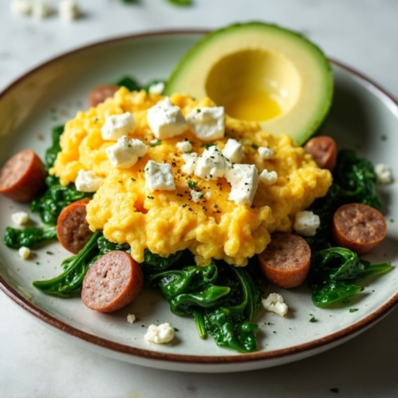 Egg White and Turkey Sausage Scramble with Sautéed Spinach and Feta