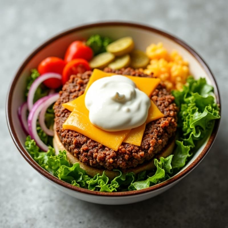 Crispy Ground Beef Cheeseburger Bowl with Creamy Special Dressing