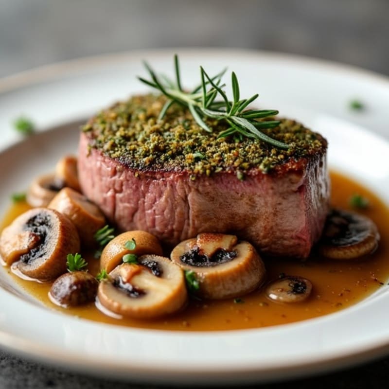 Herb-Crusted Beef Tenderloin with Mushroom Sauce