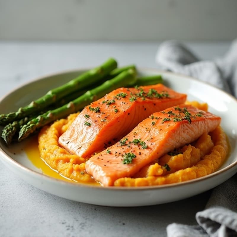 Seared Salmon with Steamed Asparagus and Sweet Potato Mash