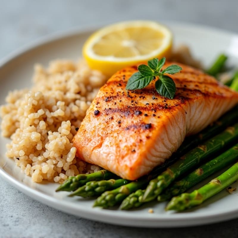 Seared Salmon with Steamed Asparagus and Brown Rice