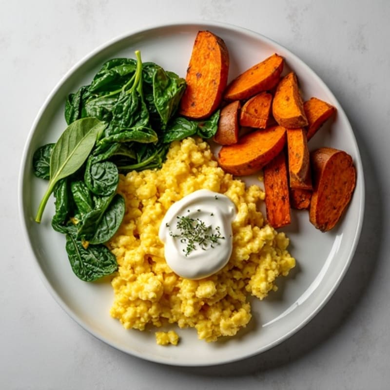 Creamy Scrambled Eggs with Fresh Spinach and Roasted Sweet Potatoes