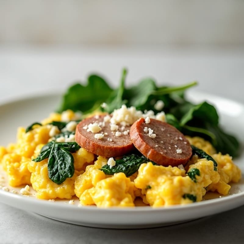 Egg White Scramble with Turkey Sausage and Sautéed Spinach