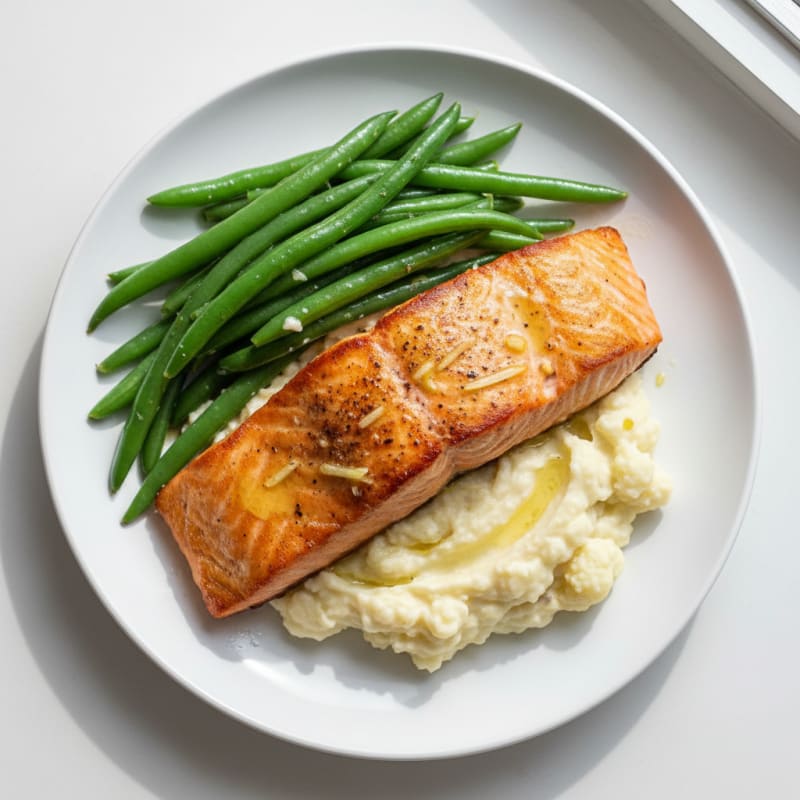 Seared Salmon with Steamed Green Beans and Garlic Mashed Cauliflower
