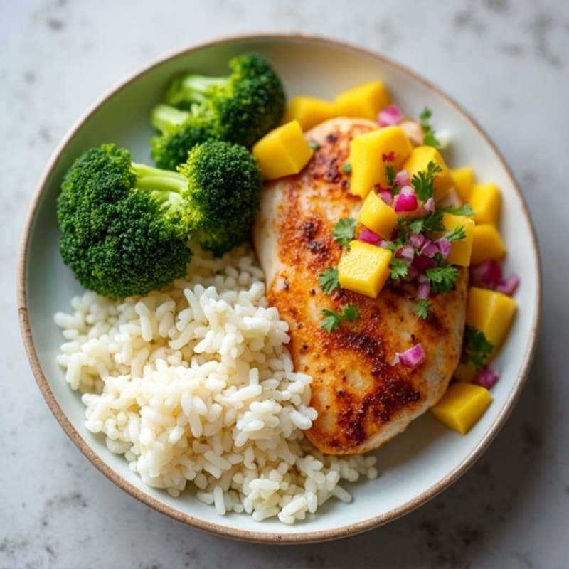 Seared Chicken Breast with Roasted Garlic Rice, Steamed Broccoli & Mango Salsa