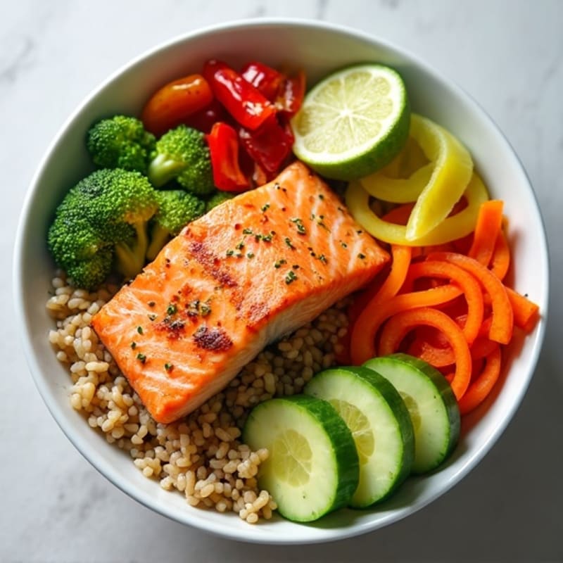 Fresh Salmon and Avocado Rice Bowl with Crisp Vegetables