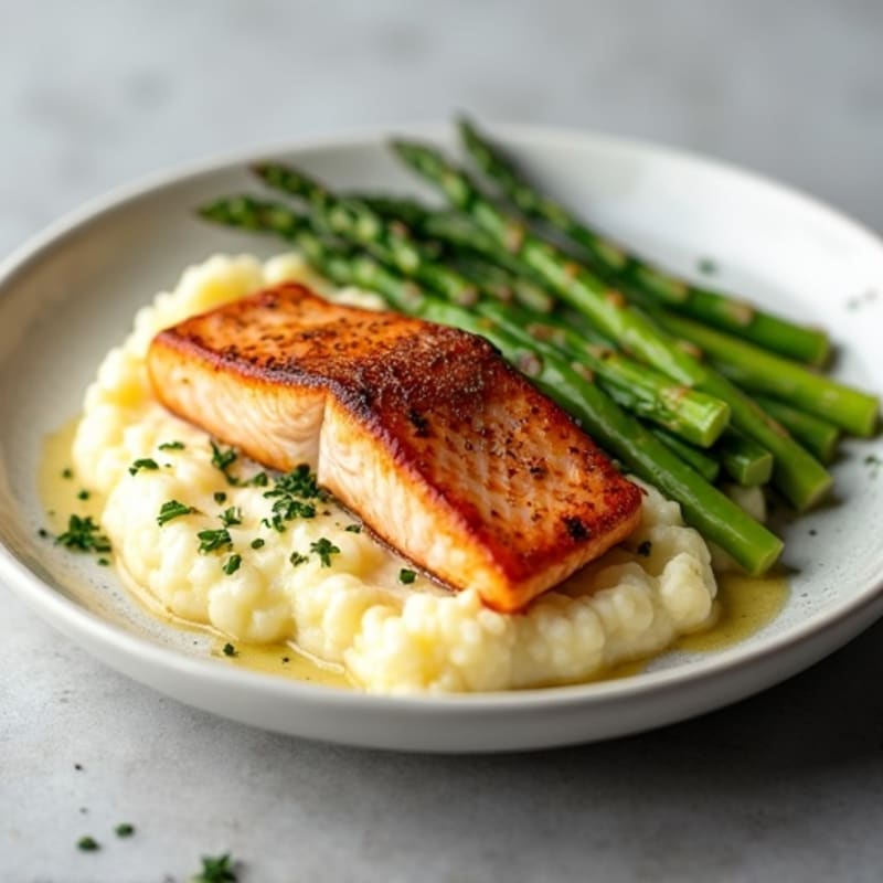 Seared Salmon Fillet with Steamed Asparagus and Cauliflower Mash