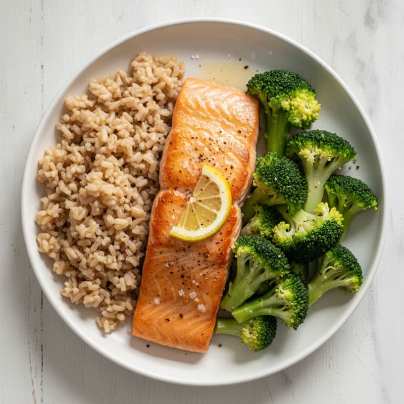 Seared Salmon with Steamed Broccoli and Brown Rice