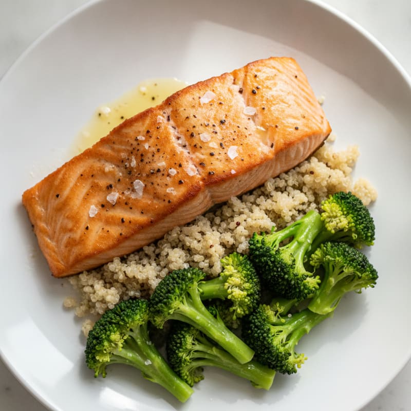 Seared Salmon with Steamed Broccoli and Quinoa