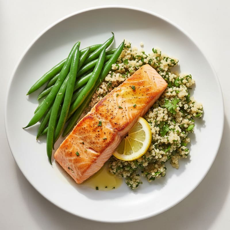 Seared Salmon Fillet with Steamed Green Beans and Herb Quinoa