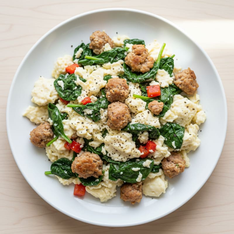 Egg White and Turkey Sausage Scramble with Sautéed Spinach