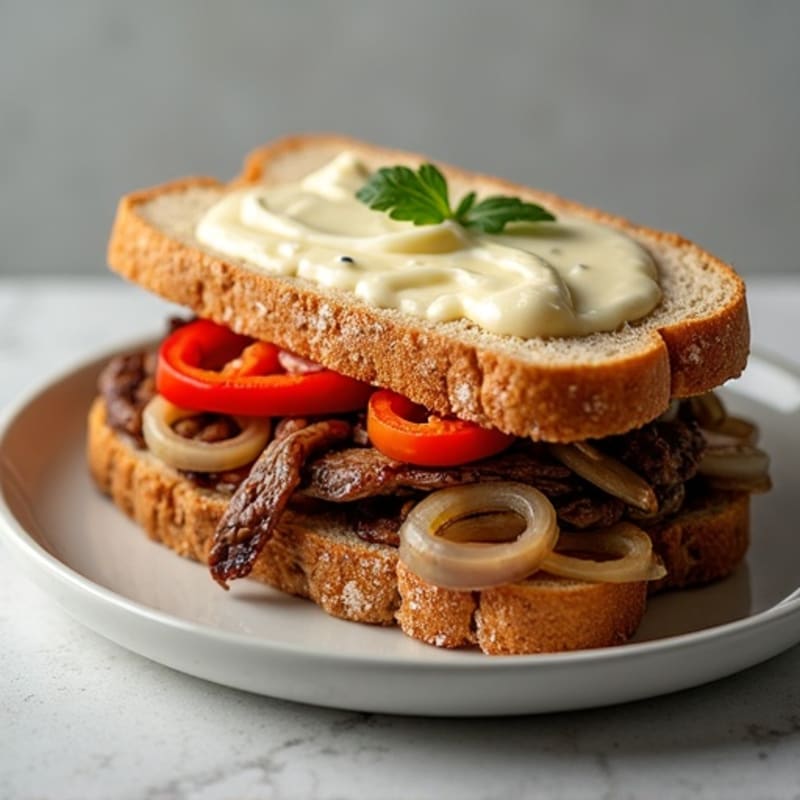 Lean Steak and Sautéed Onion and Bell Pepper Sandwich with Creamy Cheese
