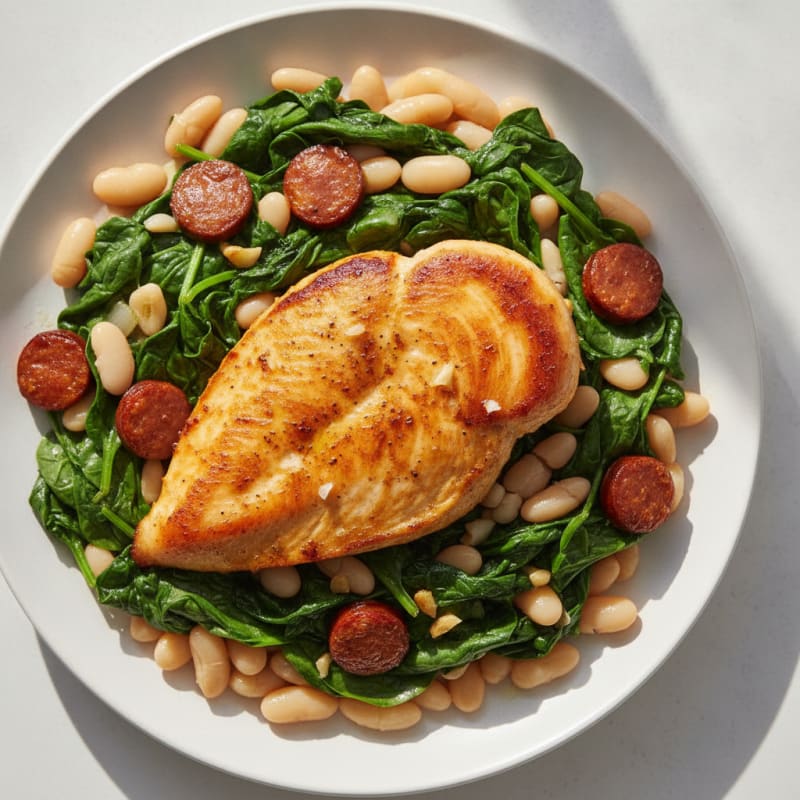 Seared Paprika Chicken Breast with Sautéed Spinach and White Beans
