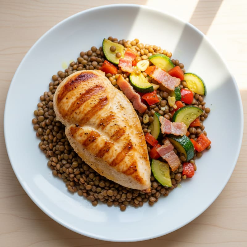 Seared Chicken Breast with Sautéed Mixed Vegetables and Lentils