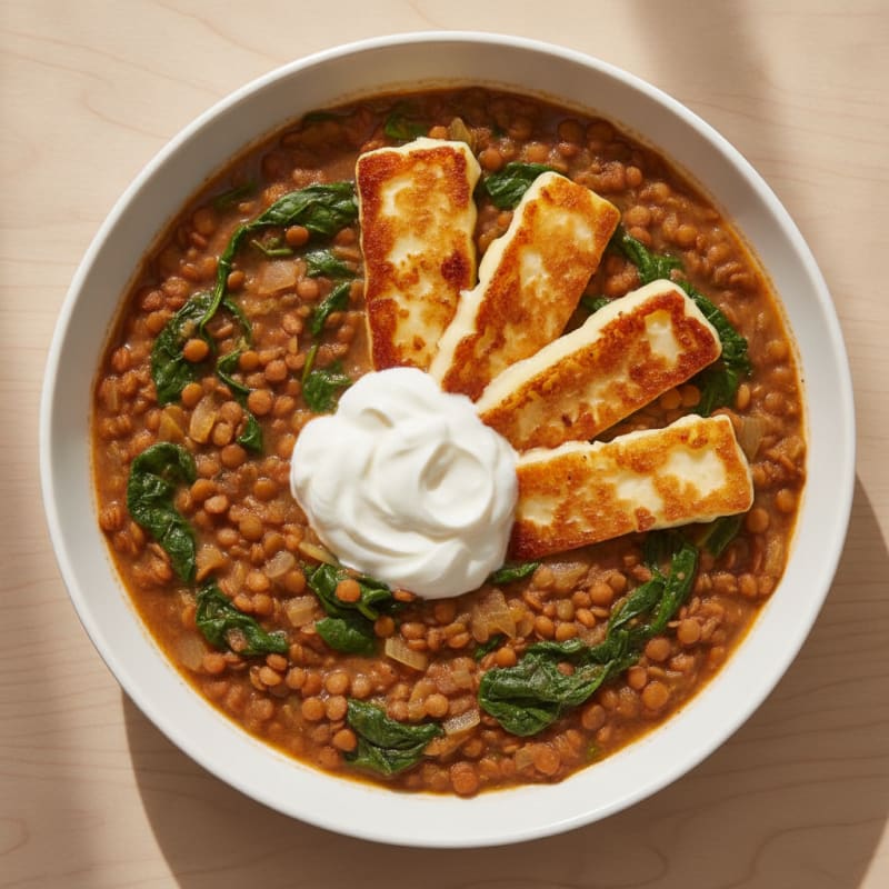 Creamy Lentil and Spinach Stew with Grilled Halloumi
