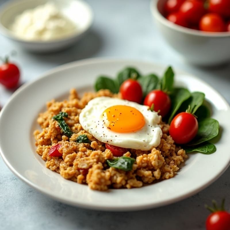 Baked Oatmeal with Savory Egg Scramble and Creamy Cottage Cheese