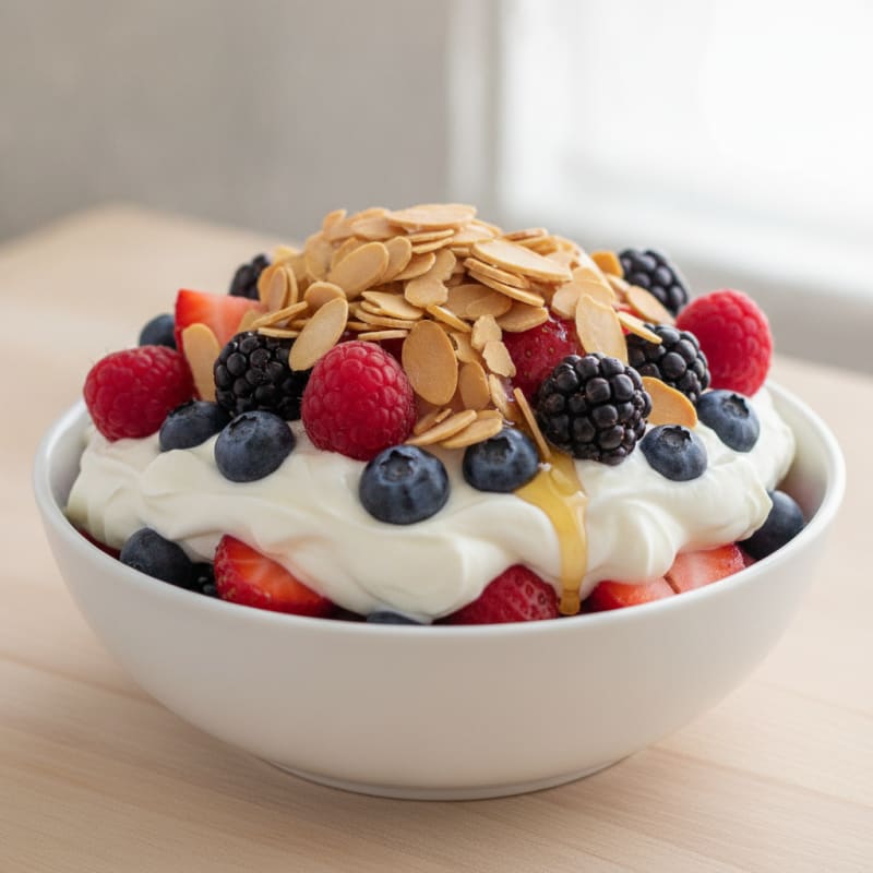 Greek Yogurt Protein Parfait with Mixed Berries and Almonds