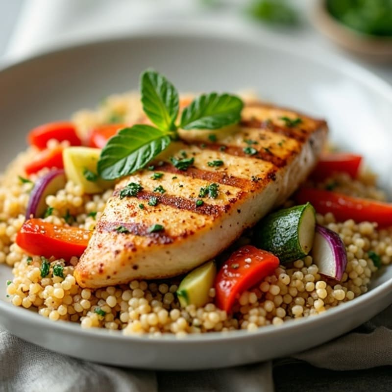 Herb-Roasted Vegetable Pearl Couscous with Grilled Chicken