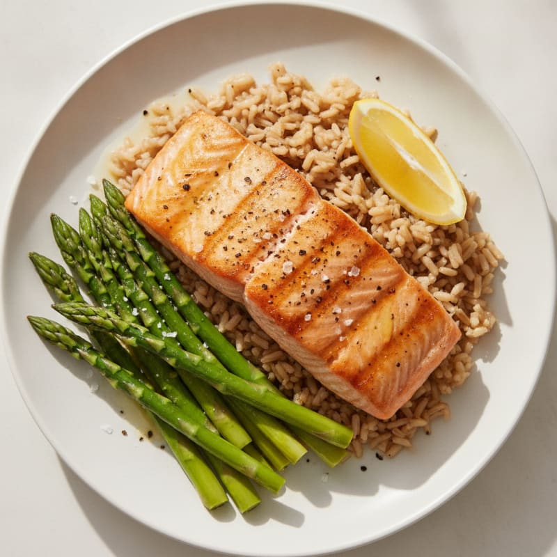 Seared Salmon with Steamed Asparagus and Brown Rice