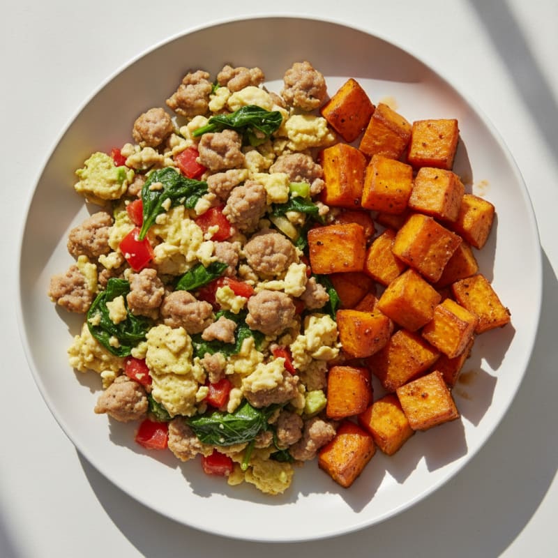 Egg and Turkey Sausage Scramble with Roasted Sweet Potatoes