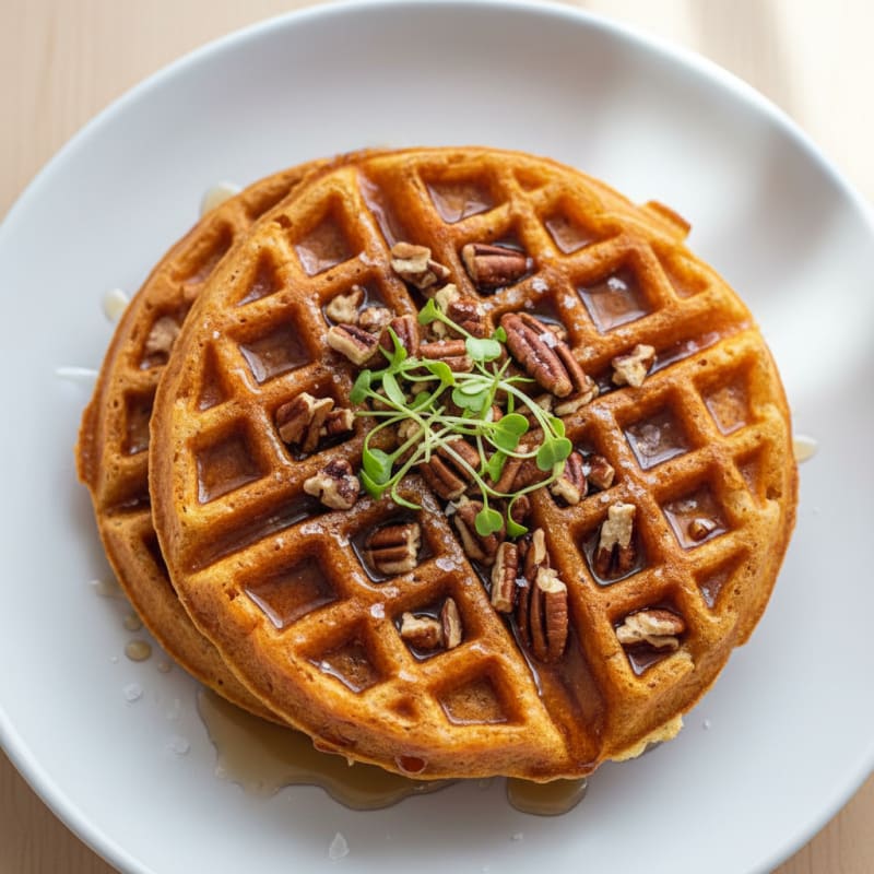 Sweet Potato Waffles with Maple Pecan Topping