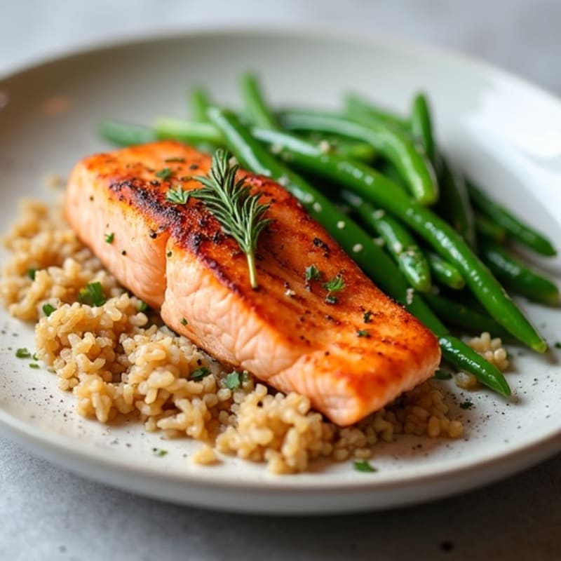 Seared Salmon Fillet with Steamed Green Beans and Brown Rice