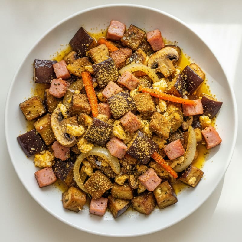 Roasted Mushroom, Aubergine, and Ham Medley