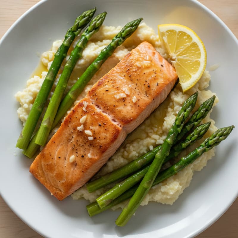 Seared Salmon with Steamed Asparagus and Garlic Cauliflower Mash