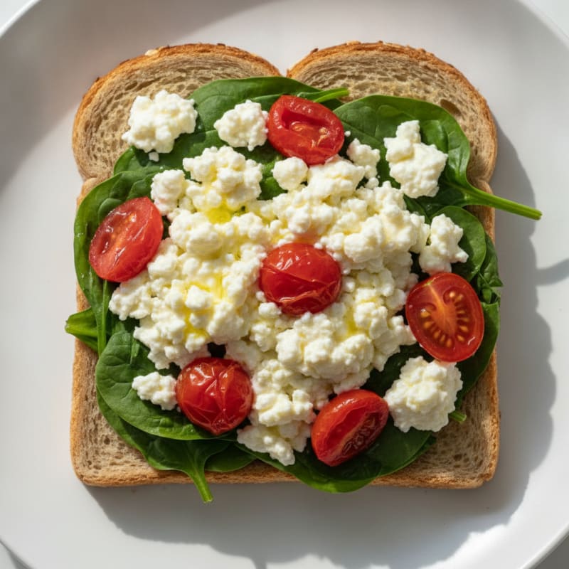 Cottage Cheese and Egg White Scramble with Sautéed Spinach and Cherry Tomatoes