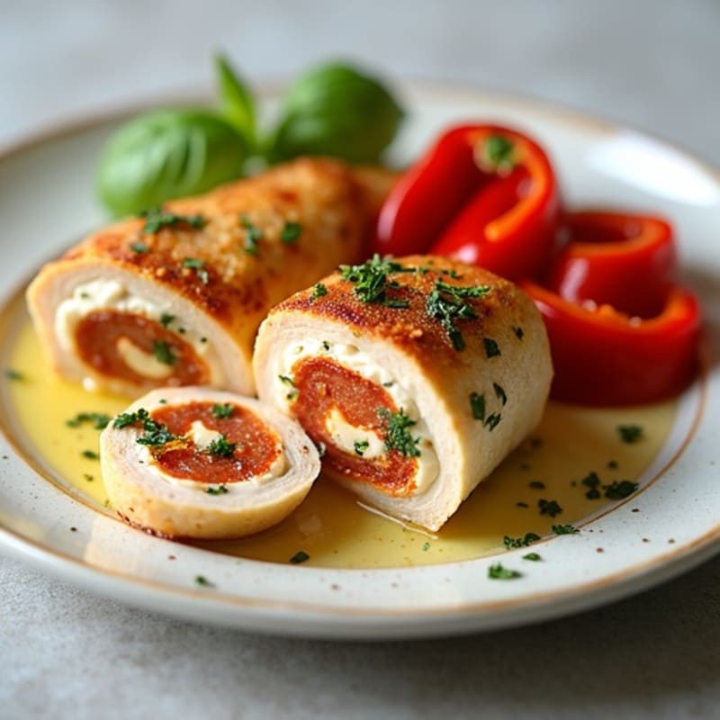 Creamy Ricotta and Herb Stuffed Chicken with Crispy Turkey Pepperoni and Roasted Bell Peppers