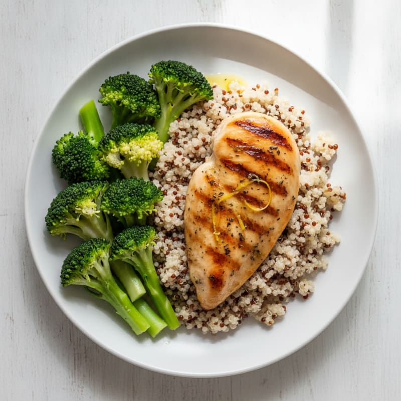Grilled Chicken Breast with Steamed Broccoli and Quinoa