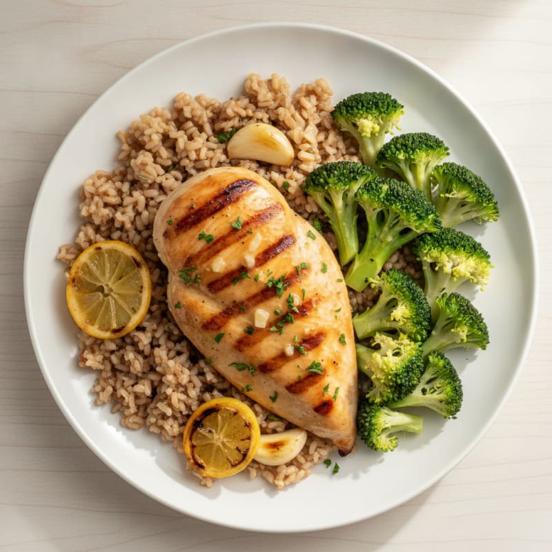 Grilled Lemon-Garlic Chicken Breast with Brown Rice and Steamed Broccoli