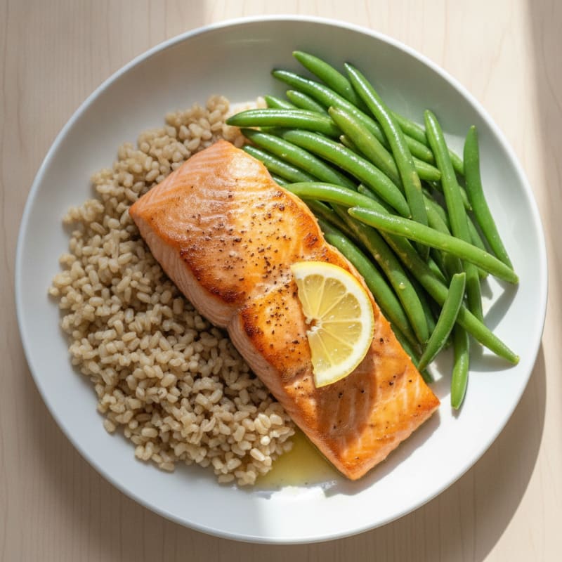 Seared Salmon Fillet with Steamed Green Beans and Brown Rice