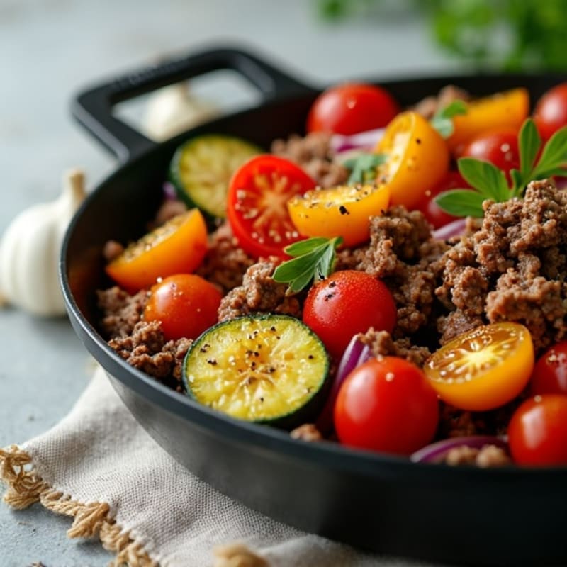 Lean Ground Beef and Roasted Vegetable Skillet