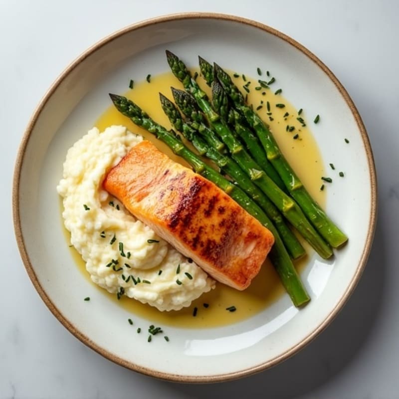 Seared Salmon Fillet with Roasted Asparagus and Cauliflower Mash