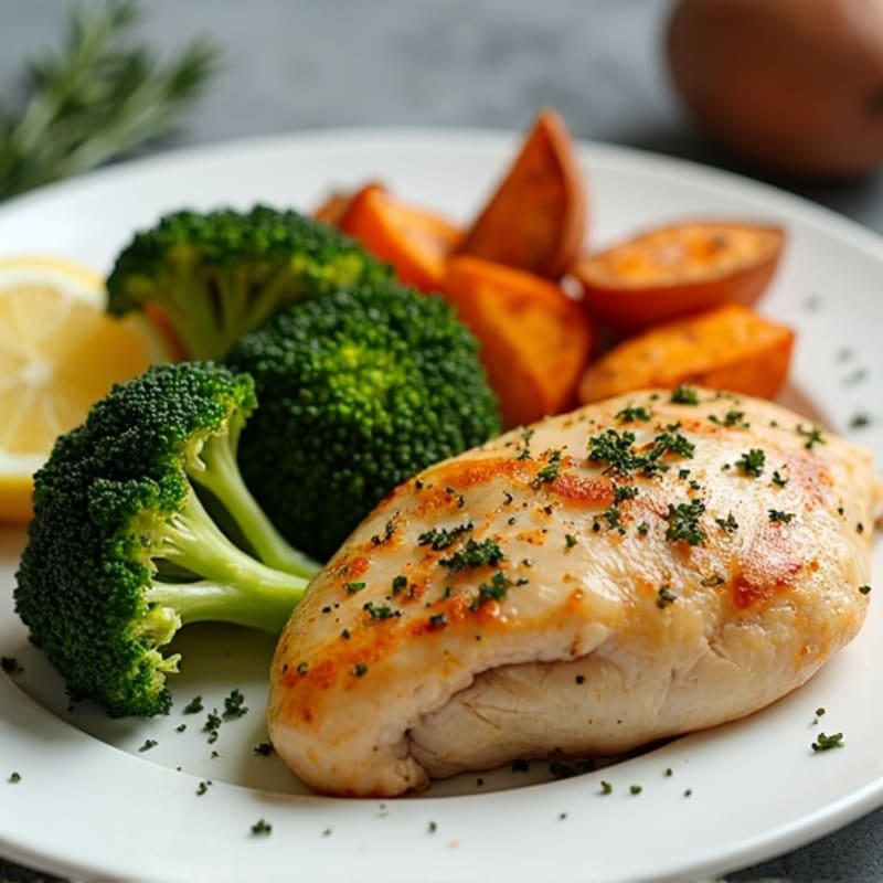 Sheet Pan Lemon Herb Roasted Chicken with Crispy Broccoli and Sweet Potatoes