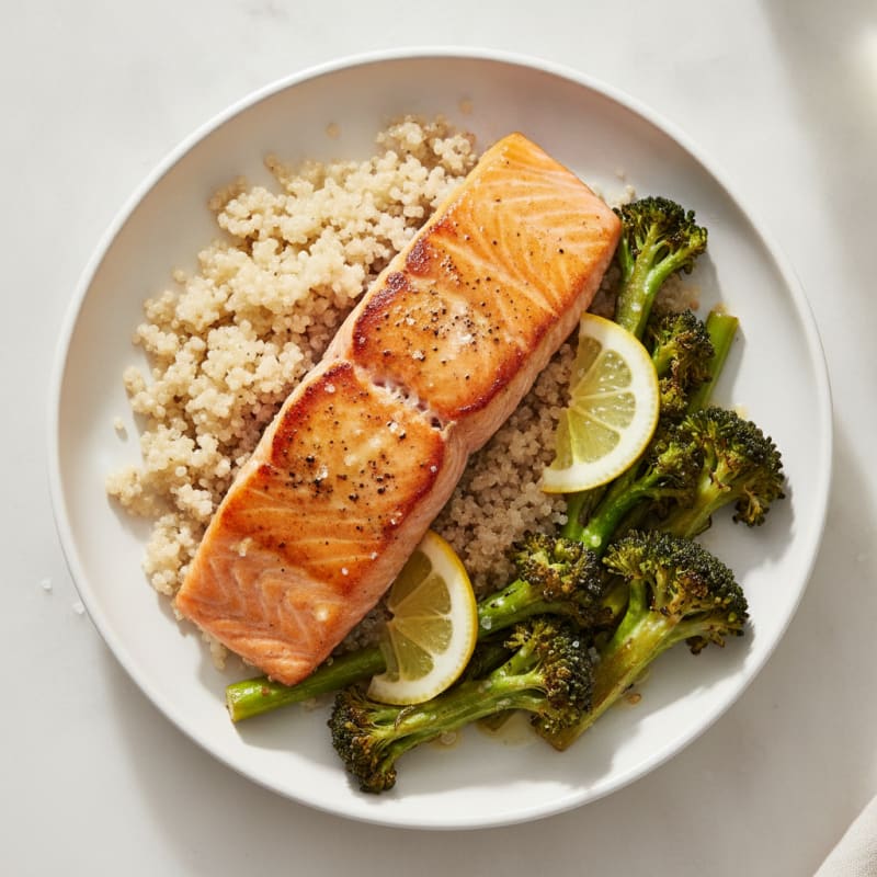 Seared Salmon with Roasted Broccoli and Quinoa