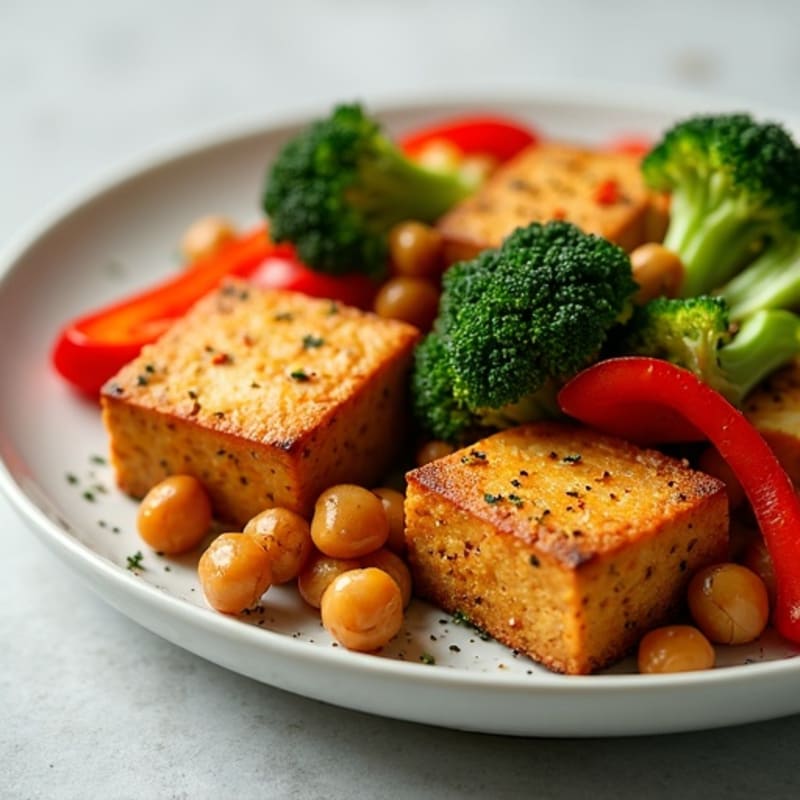 Crispy Baked Tofu with Roasted Broccoli and Bell Peppers
