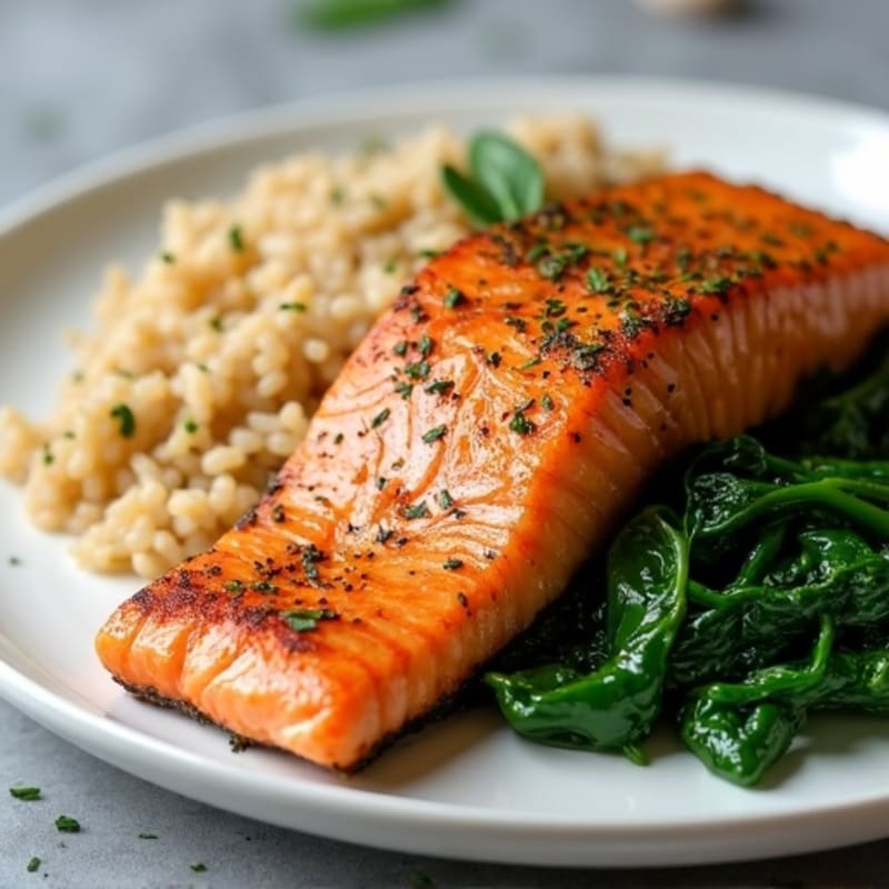 Seared Salmon with Garlic Spinach and Brown Rice