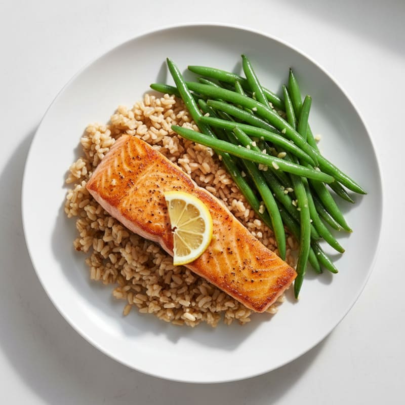 Seared Salmon with Garlic Green Beans and Brown Rice