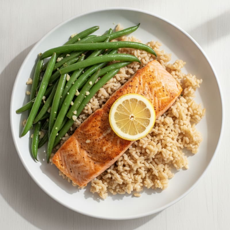 Seared Salmon Fillet with Garlic Green Beans and Brown Rice
