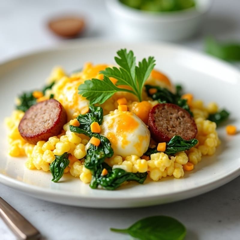 Egg White Scramble with Turkey Sausage and Sautéed Spinach