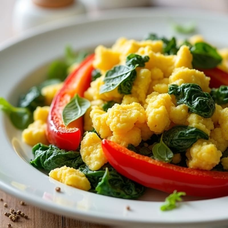 Fluffy Egg Scramble with Sautéed Spinach and Bell Peppers