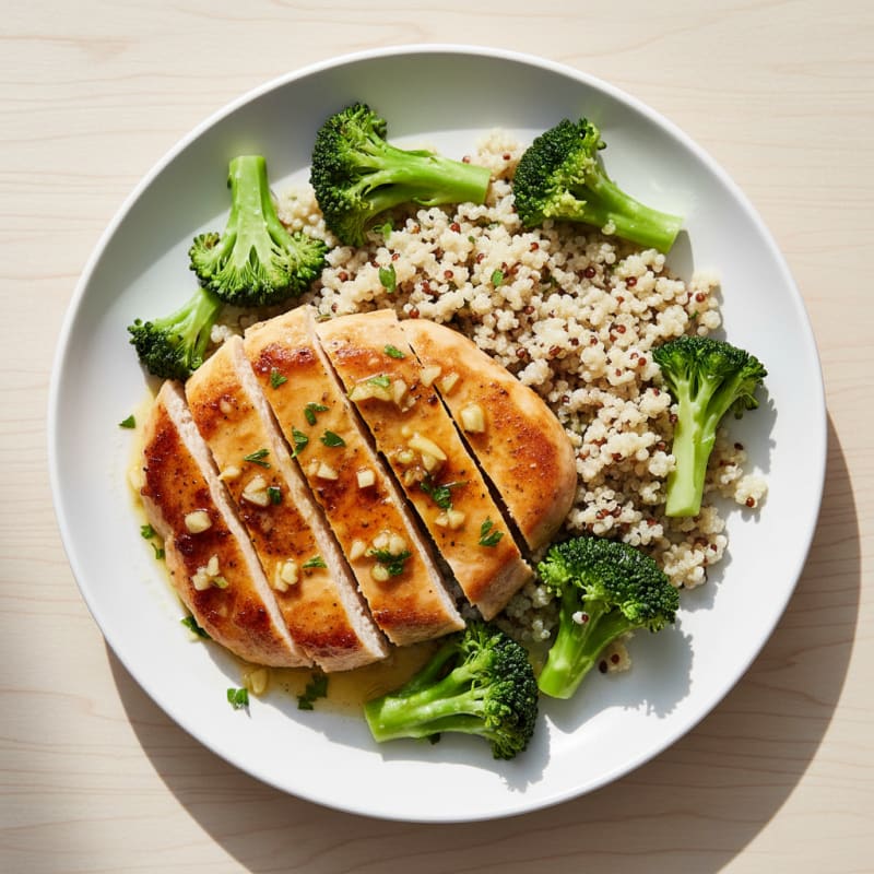 Seared Lemon Garlic Chicken with Steamed Broccoli and Quinoa