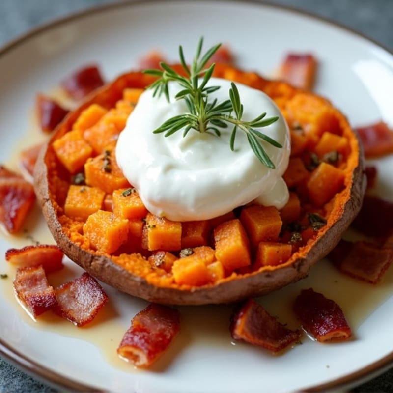 Herb-Roasted Sweet Potato with Greek Yogurt and Turkey Bacon