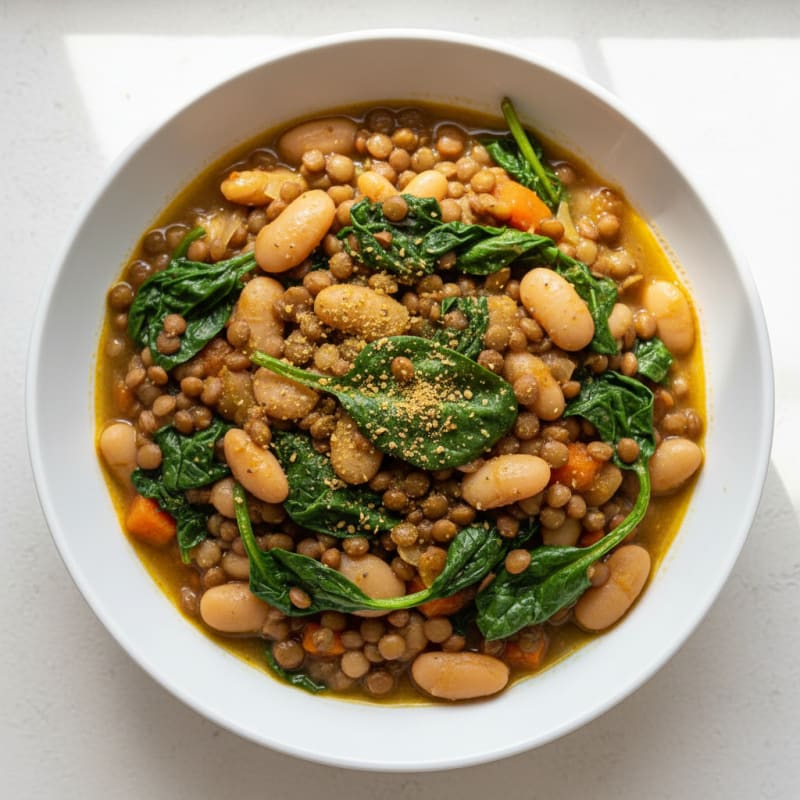 Lentil and White Bean Stew with Wilted Spinach