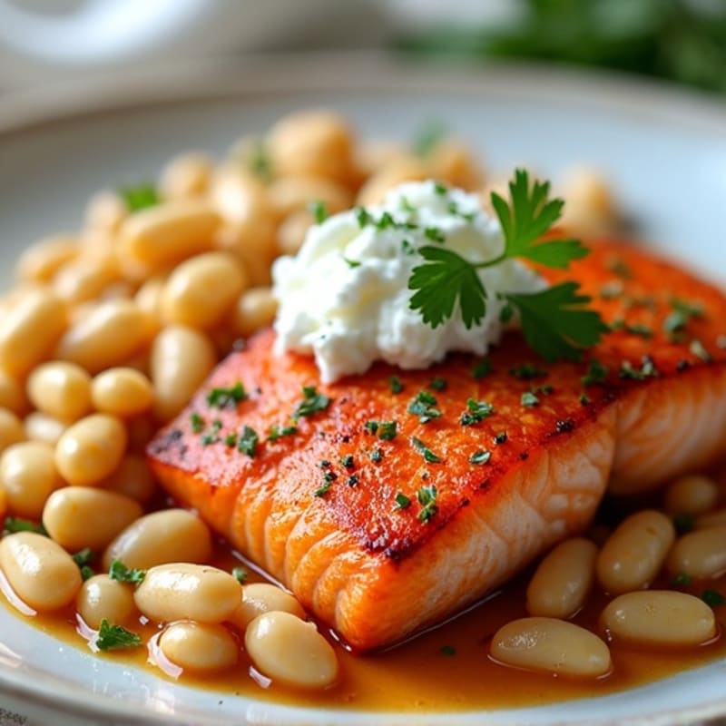 Pan-Seared Sriracha Salmon with Creamy Cottage Cheese and Hearty White Bean Salad
